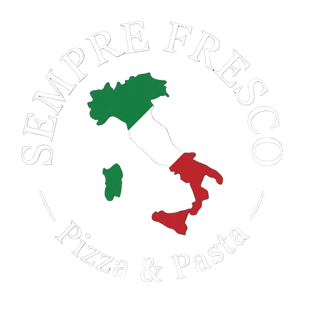 Białe napisy Sempre Fresco Pizza & Pasta otaczające kolorową mapę Włoch na czarnym tle.